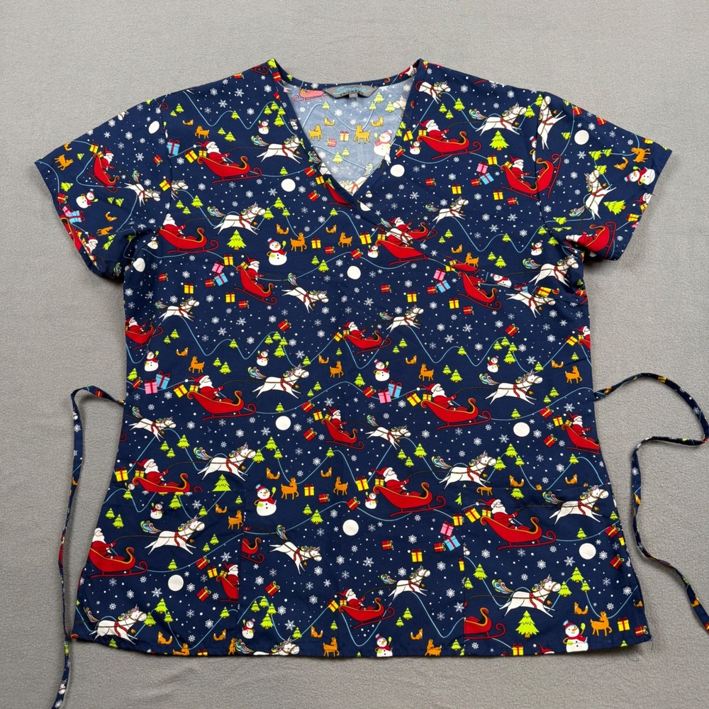 Serene Uniforms Scrub Top Novelty Holiday Christmas Santa Unicorn Navy XL